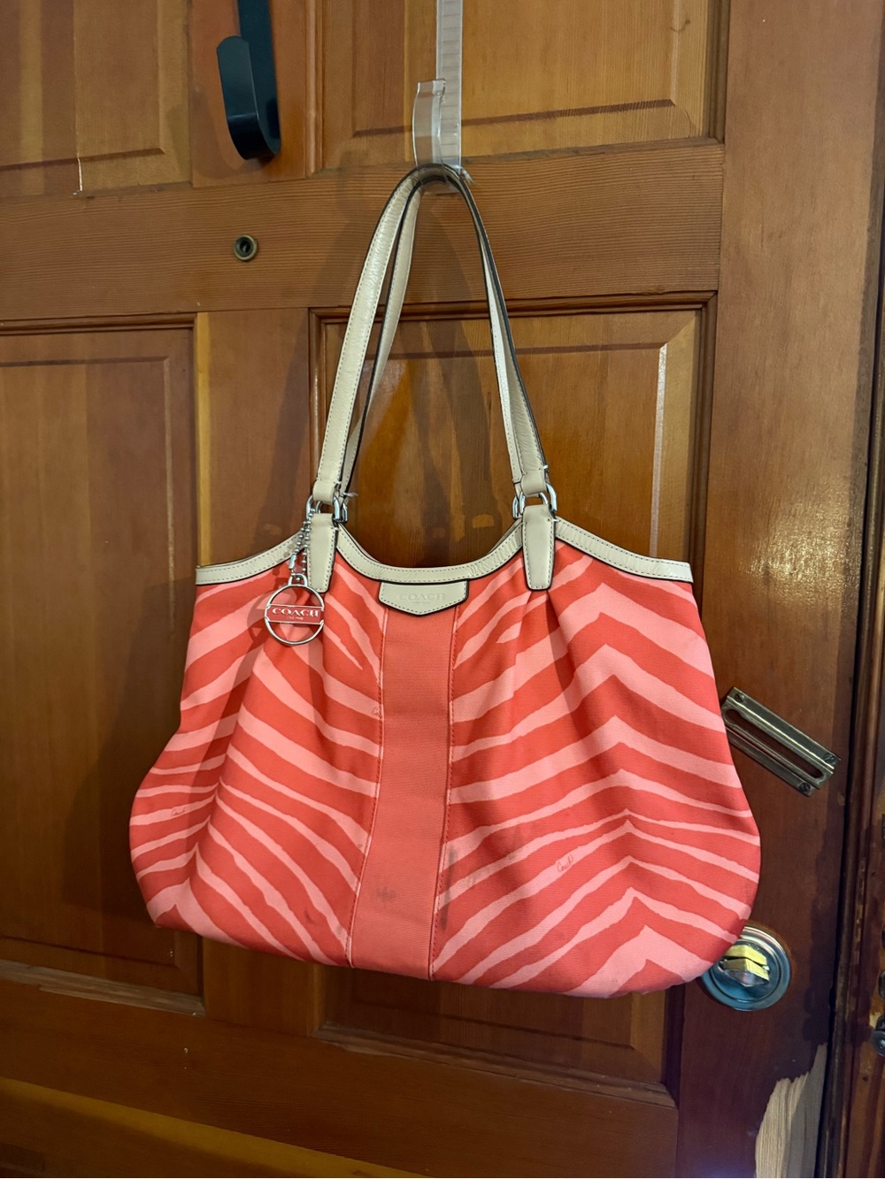 Coach Coral and Light Cream Striped Shoulder Tote